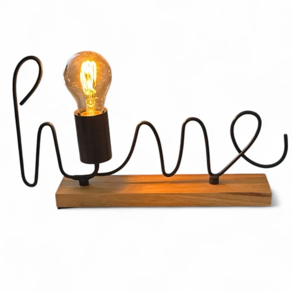 Mercantile Market Home Wireworks Gray Script Accent Lamp on Wood Base